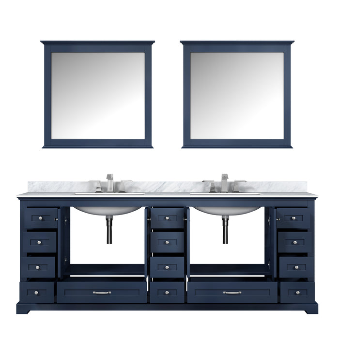 Lexora Dukes 84" Navy Blue Double Vanity, White Carrara Marble Top, White Square Sinks and 34" Mirrors LD342284DEDSM34