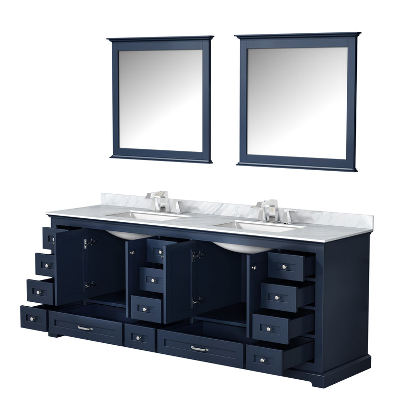 Lexora Dukes 84" Navy Blue Double Vanity, White Carrara Marble Top, White Square Sinks and 34" Mirrors LD342284DEDSM34