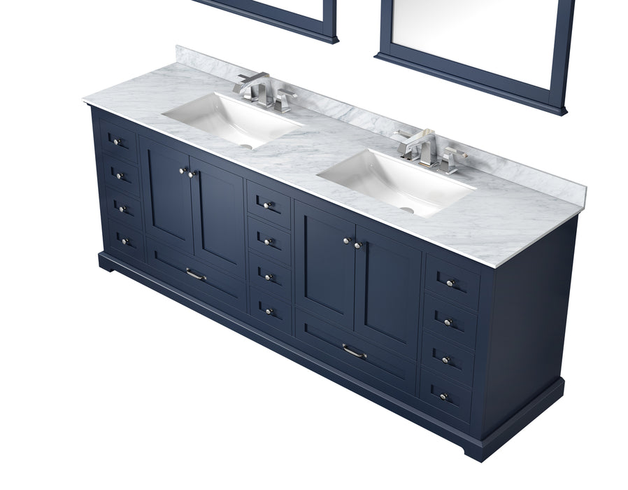 Lexora Dukes 84" Navy Blue Double Vanity, White Carrara Marble Top, White Square Sinks and 34" Mirrors LD342284DEDSM34