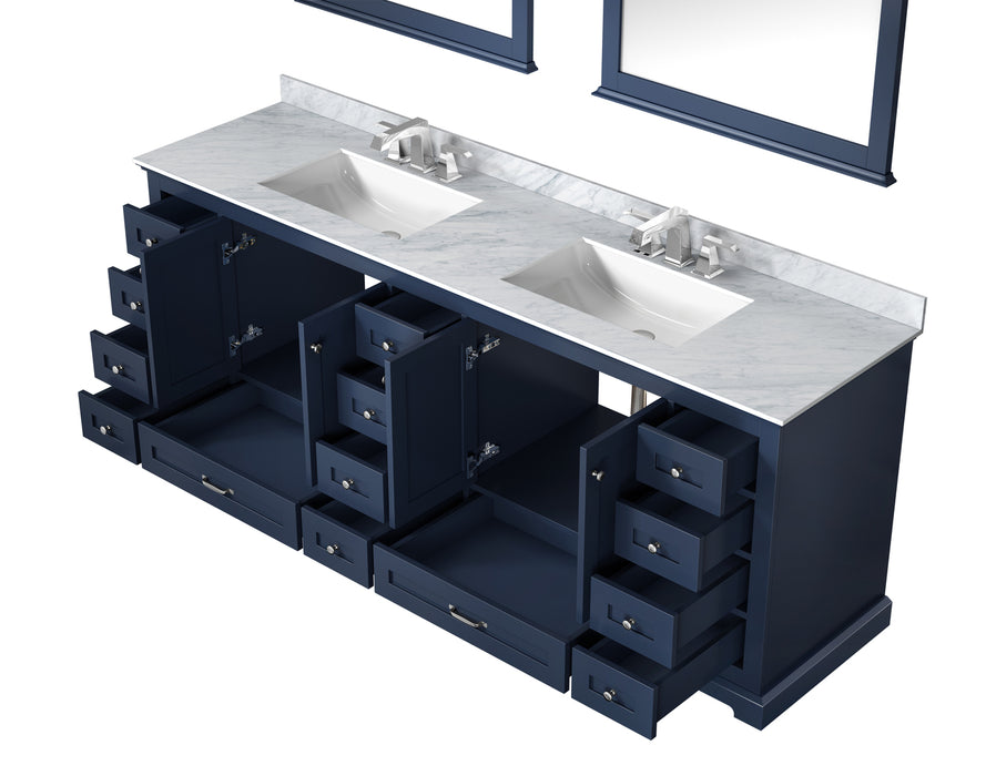 Lexora Dukes 84" Navy Blue Double Vanity, White Carrara Marble Top, White Square Sinks and 34" Mirrors LD342284DEDSM34