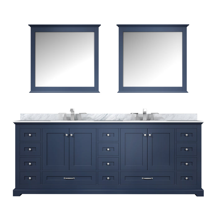 Lexora Dukes 84" Navy Blue Double Vanity, White Carrara Marble Top, White Square Sinks and 34" Mirrors LD342284DEDSM34