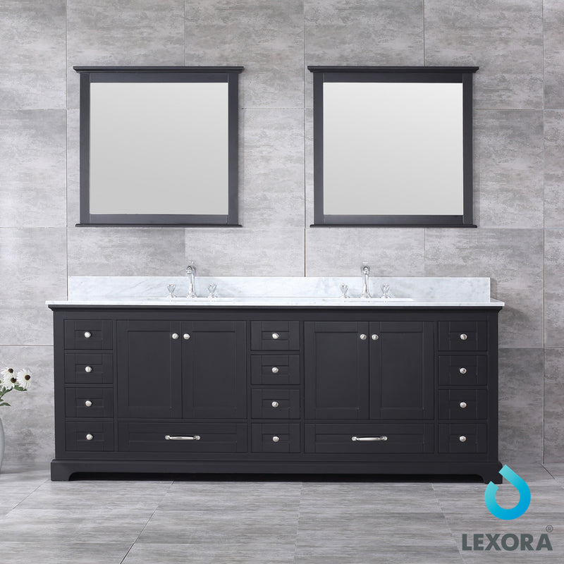 Lexora Dukes 84" Espresso Double Vanity, White Carrara Marble Top, White Square Sinks and 34" Mirrors LD342284DGDSM34