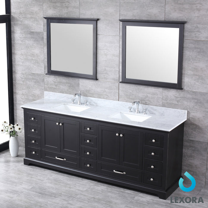 Lexora Dukes 84" Espresso Double Vanity, White Carrara Marble Top, White Square Sinks and 34" Mirrors LD342284DGDSM34