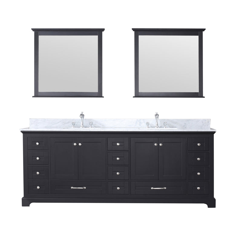 Lexora Dukes 84" Espresso Double Vanity, White Carrara Marble Top, White Square Sinks and 34" Mirrors LD342284DGDSM34