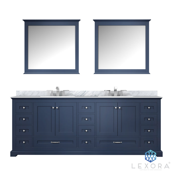 Lexora Dukes 84" Navy Blue Double Vanity, White Carrara Marble Top, White Square Sinks and 34" Mirrors LD342284DEDSM34