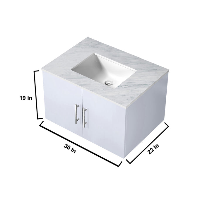 Lexora Geneva 30" Glossy White Single Vanity, White Carrara Marble Top, White Square Sink and no Mirror LG192230DMDS000