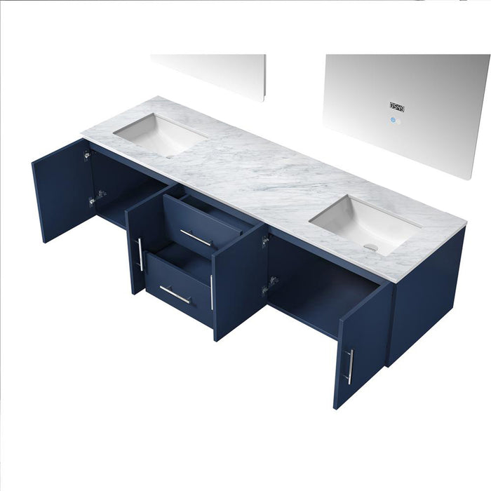 Lexora Geneva 72" Navy Blue Double Vanity, White Carrara Marble Top, White Square Sinks and 30" LED Mirrors - LG192272DEDSLM30