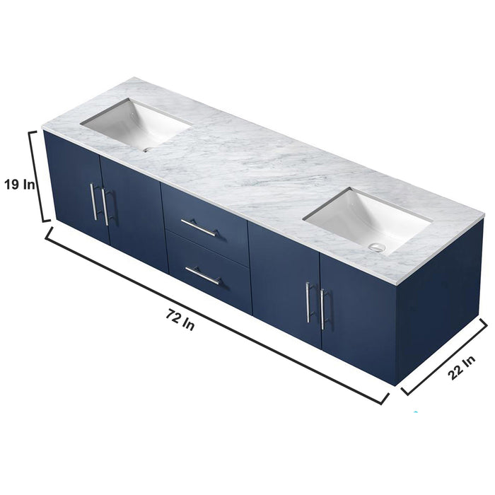 Lexora Geneva 72" Navy Blue Double Vanity, White Carrara Marble Top, White Square Sinks and 30" LED Mirrors - LG192272DEDSLM30