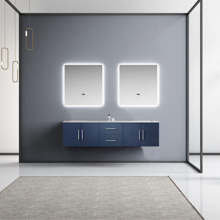 Lexora Geneva 72" Navy Blue Double Vanity, White Carrara Marble Top, White Square Sinks and 30" LED Mirrors - LG192272DEDSLM30