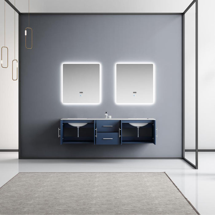 Lexora Geneva 72" Navy Blue Double Vanity, White Carrara Marble Top, White Square Sinks and 30" LED Mirrors - LG192272DEDSLM30