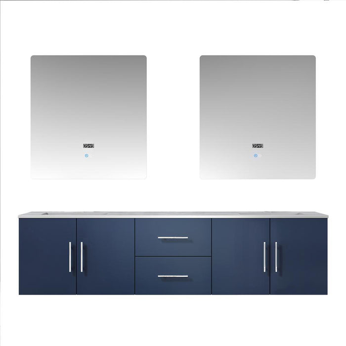 Lexora Geneva 72" Navy Blue Double Vanity, White Carrara Marble Top, White Square Sinks and 30" LED Mirrors - LG192272DEDSLM30