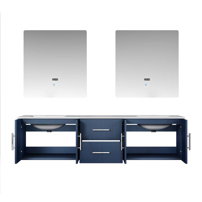 Lexora Geneva 72" Navy Blue Double Vanity, White Carrara Marble Top, White Square Sinks and 30" LED Mirrors - LG192272DEDSLM30