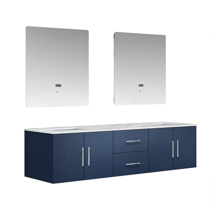 Lexora Geneva 72" Navy Blue Double Vanity, White Carrara Marble Top, White Square Sinks and 30" LED Mirrors - LG192272DEDSLM30