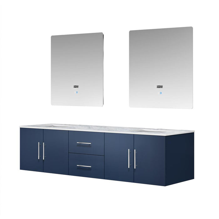 Lexora Geneva 72" Navy Blue Double Vanity, White Carrara Marble Top, White Square Sinks and 30" LED Mirrors - LG192272DEDSLM30