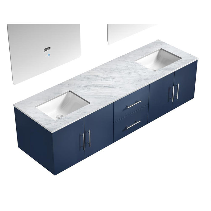 Lexora Geneva 72" Navy Blue Double Vanity, White Carrara Marble Top, White Square Sinks and 30" LED Mirrors - LG192272DEDSLM30