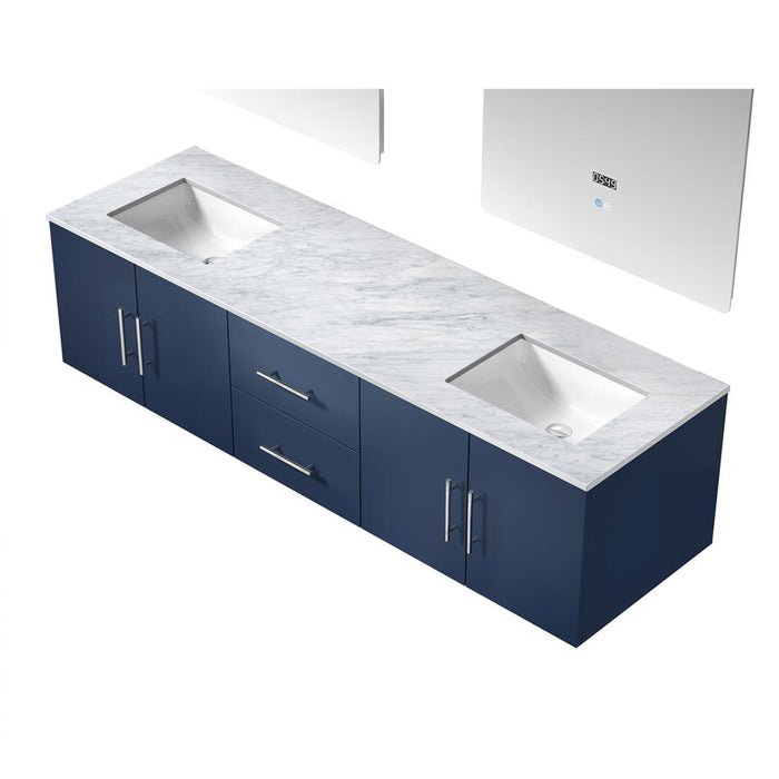 Lexora Geneva 72" Navy Blue Double Vanity, White Carrara Marble Top, White Square Sinks and 30" LED Mirrors - LG192272DEDSLM30