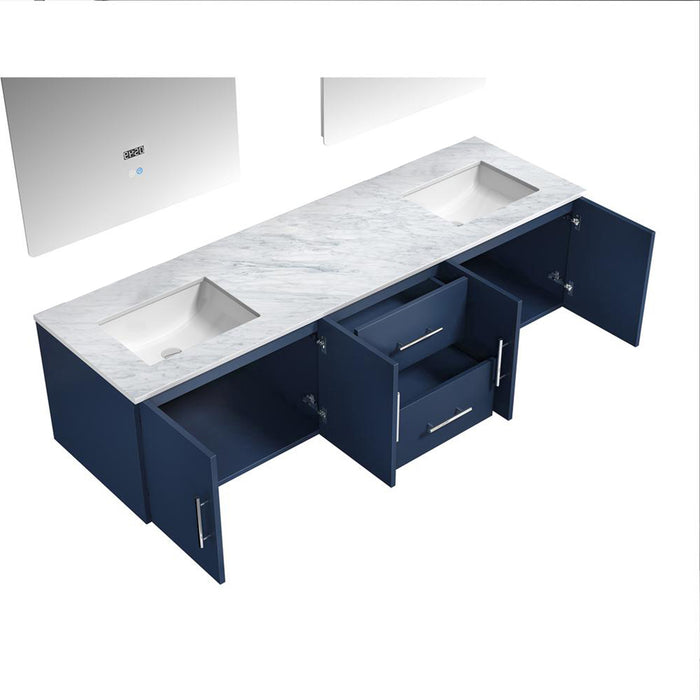 Lexora Geneva 72" Navy Blue Double Vanity, White Carrara Marble Top, White Square Sinks and 30" LED Mirrors - LG192272DEDSLM30