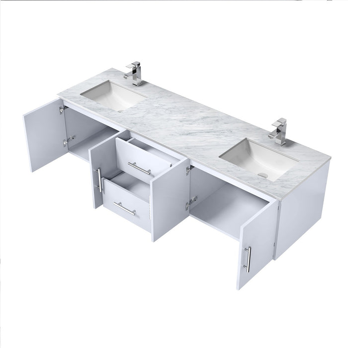 Lexora Geneva 72" Glossy White Double Vanity, White Carrara Marble Top, White Square Sinks and no Mirror LG192272DMDS000