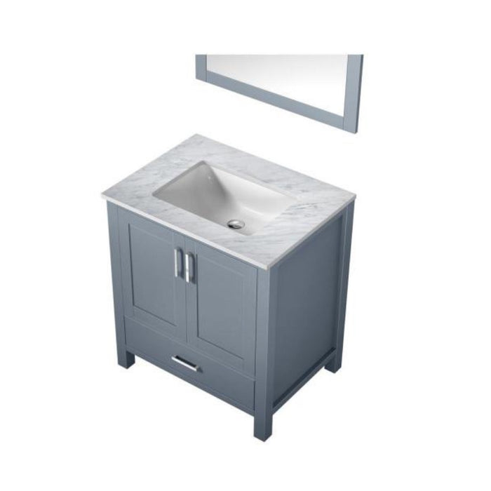 Lexora Jacques 30" Dark Grey Single Vanity, White Carrara Marble Top, White Square Sink and 28" Mirror LJ342230SBDSM28