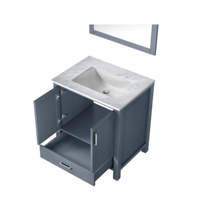 Lexora Jacques 30" Dark Grey Single Vanity, White Carrara Marble Top, White Square Sink and 28" Mirror LJ342230SBDSM28