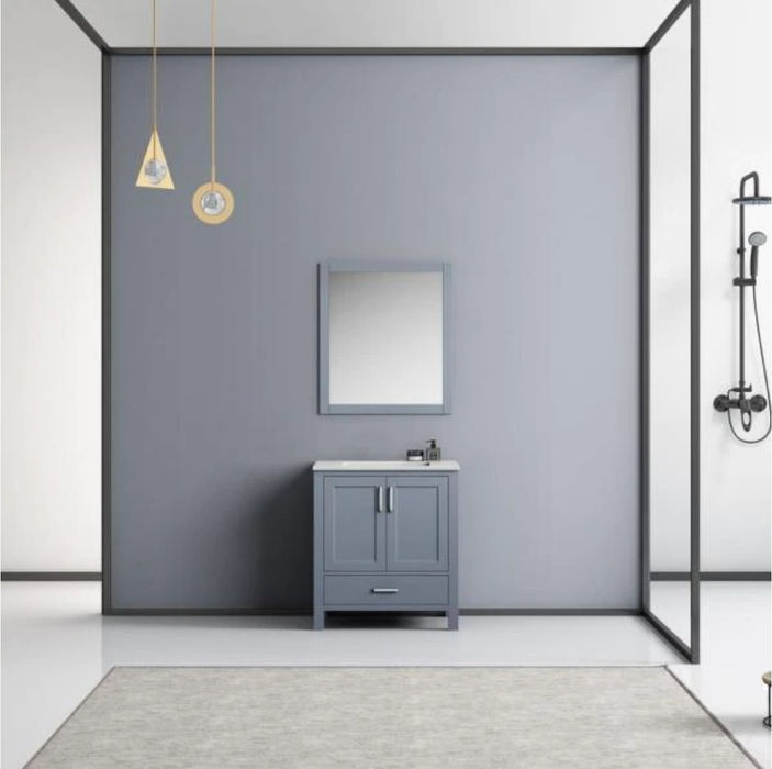 Lexora Jacques 30" Dark Grey Single Vanity, White Carrara Marble Top, White Square Sink and 28" Mirror LJ342230SBDSM28