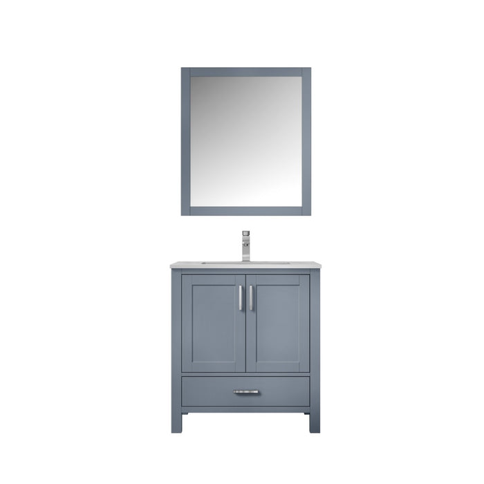 Lexora Jacques 30" Dark Grey Single Vanity, White Carrara Marble Top, White Square Sink and 28" Mirror w/ Faucet LJ342230SBDSM28F