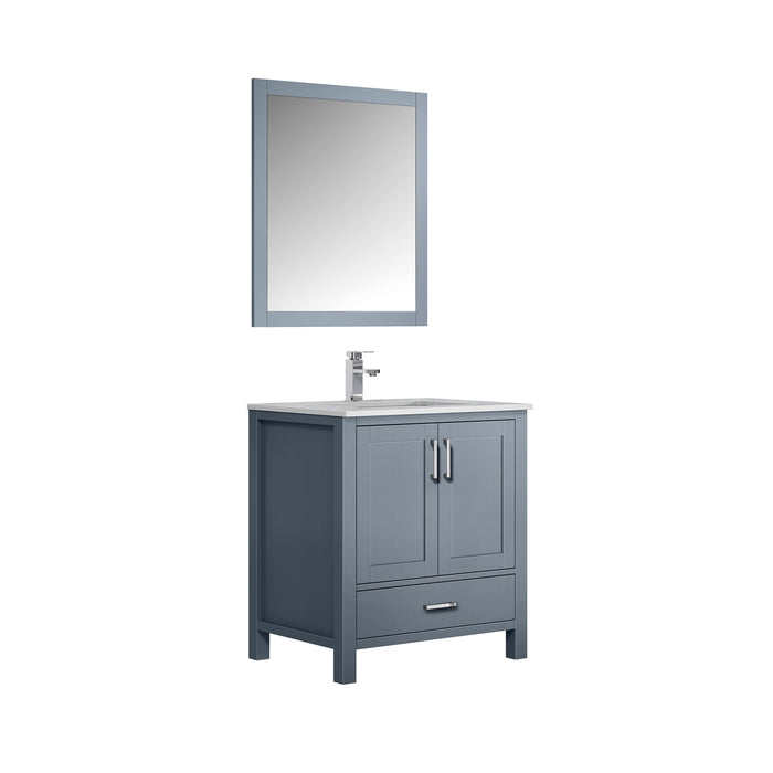 Lexora Jacques 30" Dark Grey Single Vanity, White Carrara Marble Top, White Square Sink and 28" Mirror w/ Faucet LJ342230SBDSM28F