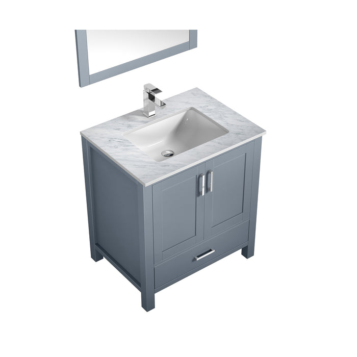 Lexora Jacques 30" Dark Grey Single Vanity, White Carrara Marble Top, White Square Sink and 28" Mirror w/ Faucet LJ342230SBDSM28F