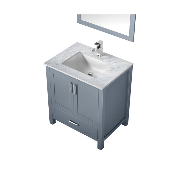 Lexora Jacques 30" Dark Grey Single Vanity, White Carrara Marble Top, White Square Sink and 28" Mirror w/ Faucet LJ342230SBDSM28F