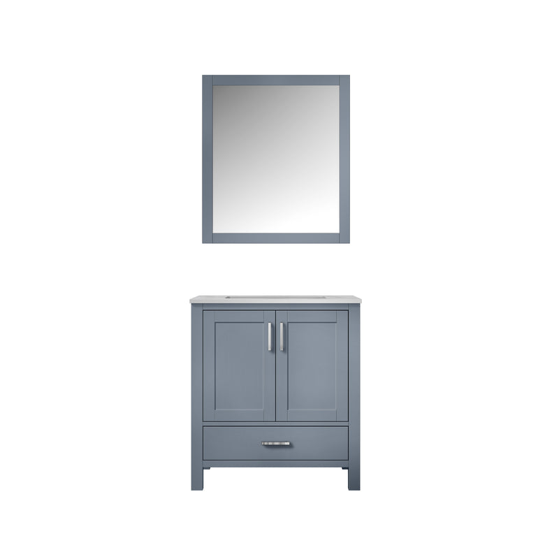 Lexora Jacques 30" Dark Grey Single Vanity, White Carrara Marble Top, White Square Sink and 28" Mirror LJ342230SBDSM28