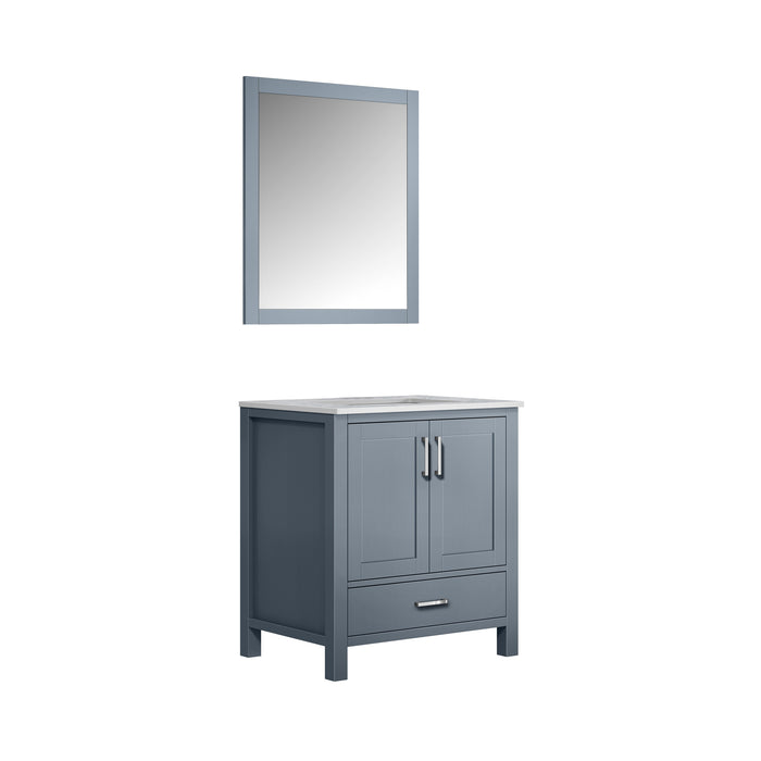 Lexora Jacques 30" Dark Grey Single Vanity, White Carrara Marble Top, White Square Sink and 28" Mirror LJ342230SBDSM28