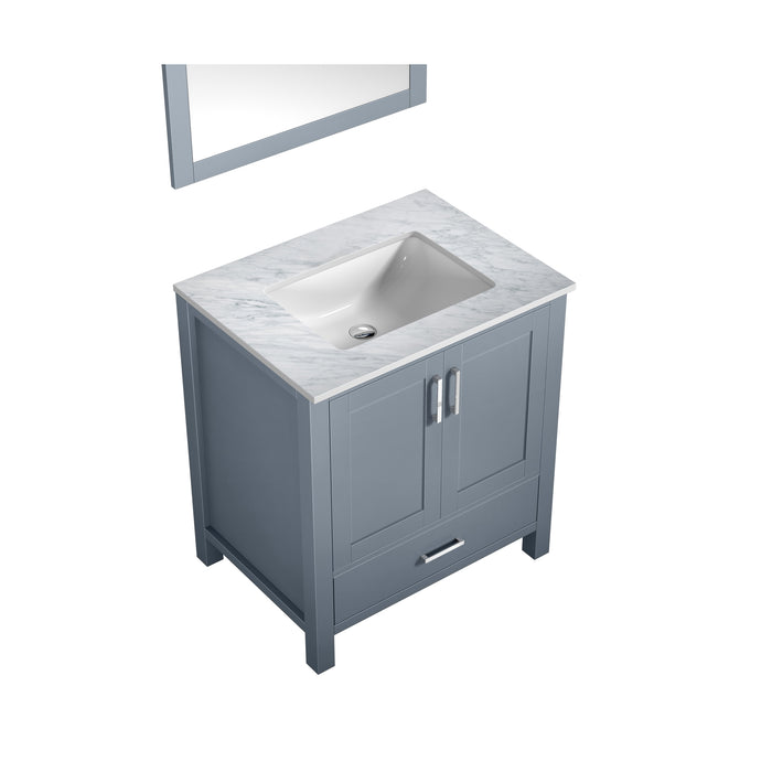 Lexora Jacques 30" Dark Grey Single Vanity, White Carrara Marble Top, White Square Sink and 28" Mirror LJ342230SBDSM28