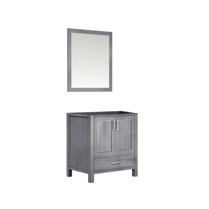 Lexora Jacques 30" Distressed Grey Single Vanity, no Top and 28" Mirror LJ342230SD00M28