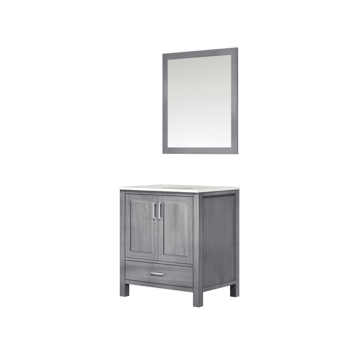 Lexora Jacques 30" Distressed Grey Single Vanity, White Carrara Marble Top, White Square Sink and 28" Mirror LJ342230SDDSM28