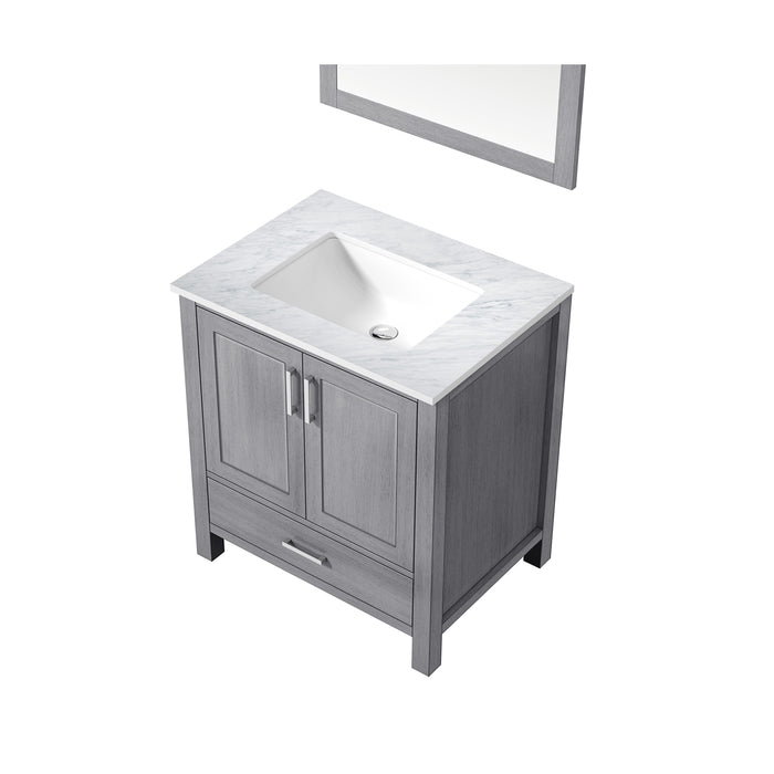 Lexora Jacques 30" Distressed Grey Single Vanity, White Carrara Marble Top, White Square Sink and 28" Mirror LJ342230SDDSM28