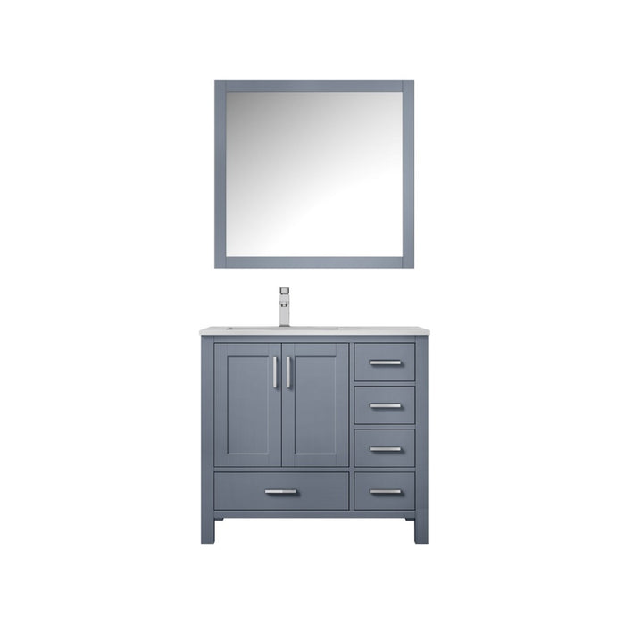 Lexora Jacques 36" Dark Grey Single Vanity, White Carrara Marble Top, White Square Sink and 34" Mirror - Left Version LJ342236SBDSM34-L