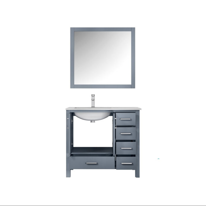 Lexora Jacques 36" Dark Grey Single Vanity, White Carrara Marble Top, White Square Sink and 34" Mirror - Left Version LJ342236SBDSM34-L