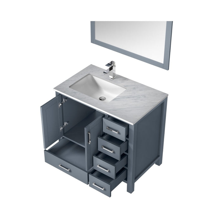 Lexora Jacques 36" Dark Grey Single Vanity, White Carrara Marble Top, White Square Sink and 34" Mirror - Left Version LJ342236SBDSM34-L