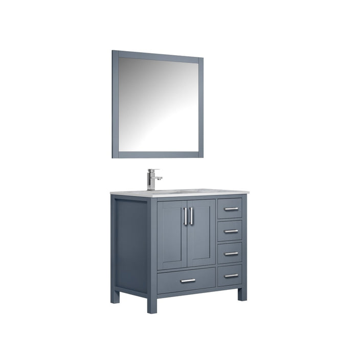 Lexora Jacques 36" Dark Grey Single Vanity, White Carrara Marble Top, White Square Sink and 34" Mirror - Left Version LJ342236SBDSM34-L