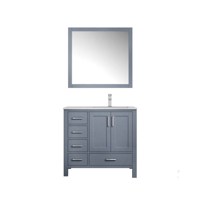 Lexora Jacques 36" Dark Grey Single Vanity, White Carrara Marble Top, White Square Sink and 34" Mirror - Right Version LJ342236SBDSM34-R