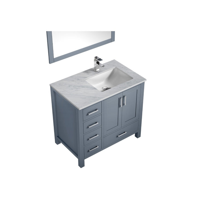 Lexora Jacques 36" Dark Grey Single Vanity, White Carrara Marble Top, White Square Sink and 34" Mirror - Right Version LJ342236SBDSM34-R