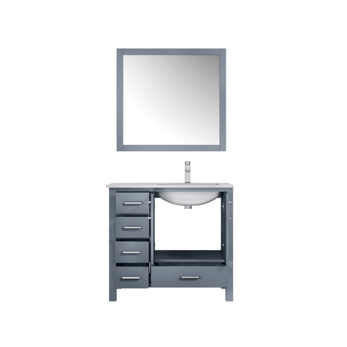 Lexora Jacques 36" Dark Grey Single Vanity, White Carrara Marble Top, White Square Sink and 34" Mirror - Right Version LJ342236SBDSM34-R