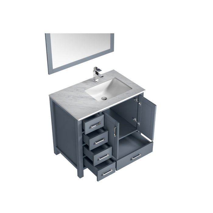 Lexora Jacques 36" Dark Grey Single Vanity, White Carrara Marble Top, White Square Sink and 34" Mirror - Right Version LJ342236SBDSM34-R