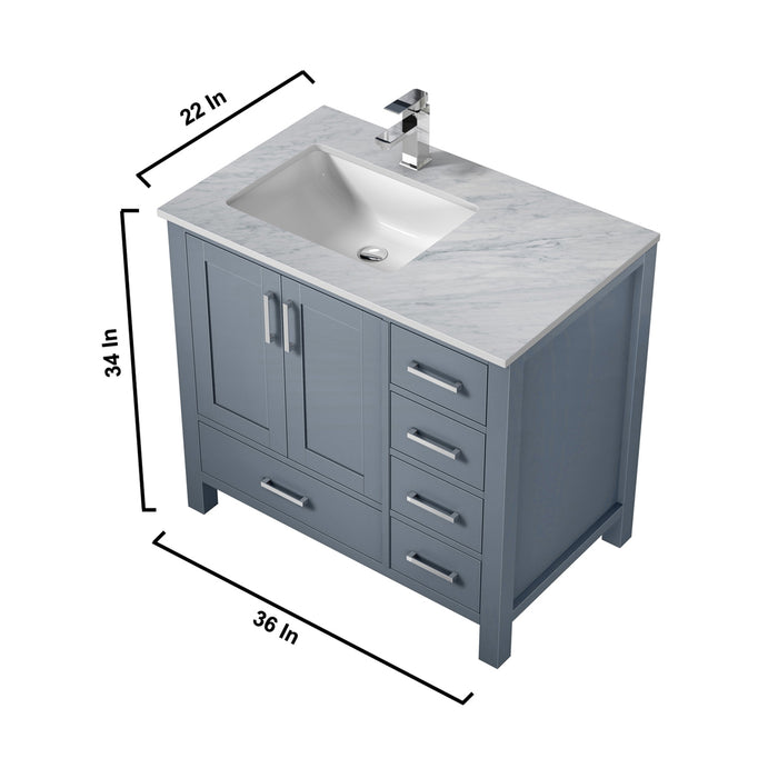 Lexora Jacques 36" Dark Grey Single Vanity, White Carrara Marble Top, White Square Sink and 34" Mirror w/ Faucet - Left Version LJ342236SBDSM34F-L