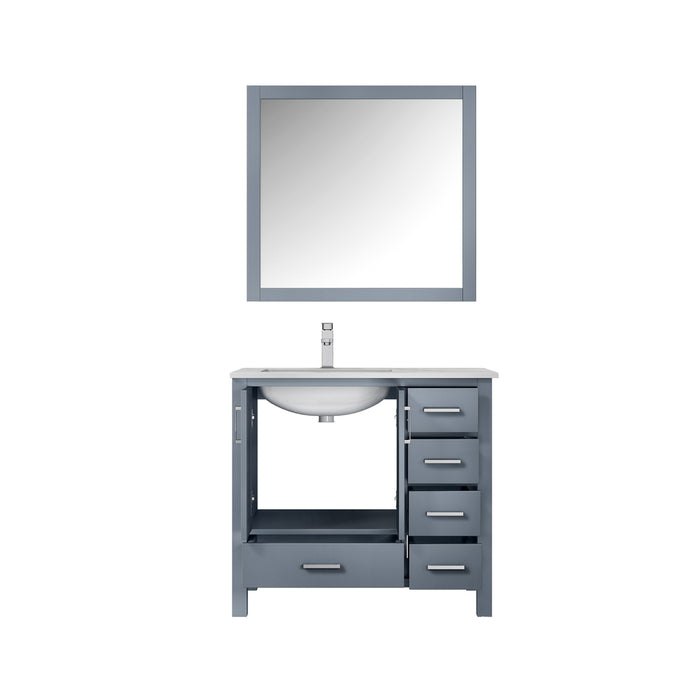 Lexora Jacques 36" Dark Grey Single Vanity, White Carrara Marble Top, White Square Sink and 34" Mirror w/ Faucet - Left Version LJ342236SBDSM34F-L