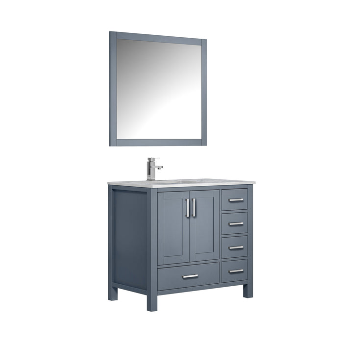 Lexora Jacques 36" Dark Grey Single Vanity, White Carrara Marble Top, White Square Sink and 34" Mirror w/ Faucet - Left Version LJ342236SBDSM34F-L