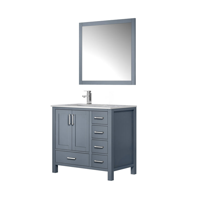 Lexora Jacques 36" Dark Grey Single Vanity, White Carrara Marble Top, White Square Sink and 34" Mirror w/ Faucet - Left Version LJ342236SBDSM34F-L