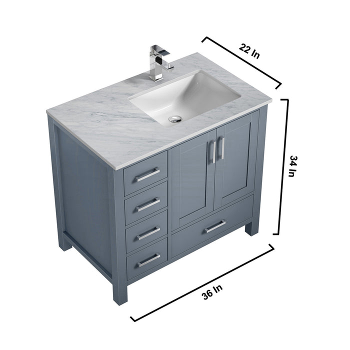 Lexora Jacques 36" Dark Grey Single Vanity, White Carrara Marble Top, White Square Sink and 34" Mirror w/ Faucet - Right Version LJ342236SBDSM34F-R