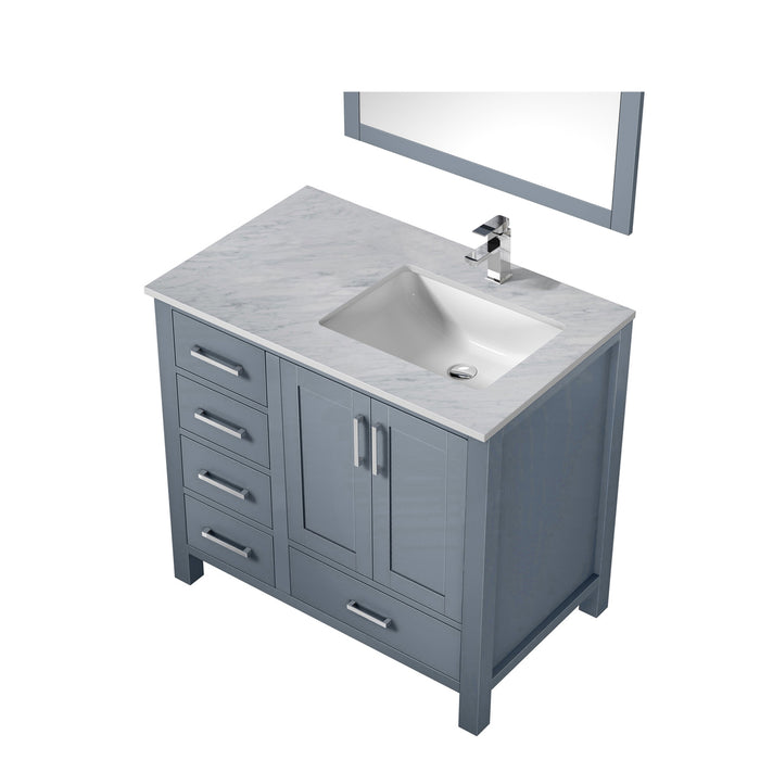 Lexora Jacques 36" Dark Grey Single Vanity, White Carrara Marble Top, White Square Sink and 34" Mirror w/ Faucet - Right Version LJ342236SBDSM34F-R