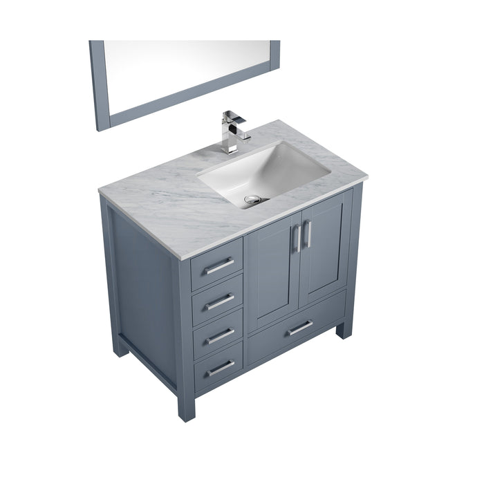 Lexora Jacques 36" Dark Grey Single Vanity, White Carrara Marble Top, White Square Sink and 34" Mirror w/ Faucet - Right Version LJ342236SBDSM34F-R